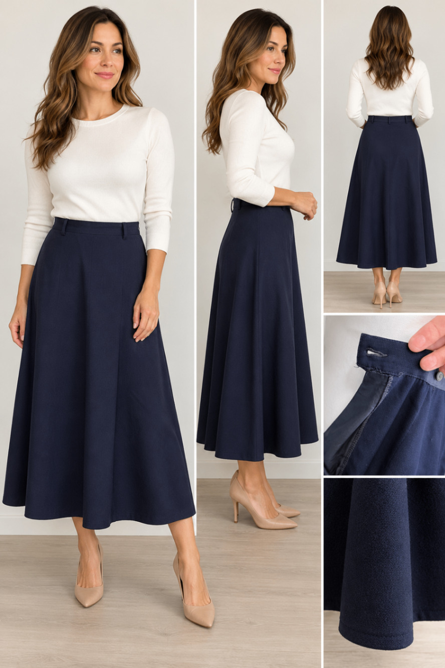 Lands End Womens 10 Navy Blue Wool A Line Midi Skirt Lined Made In USA